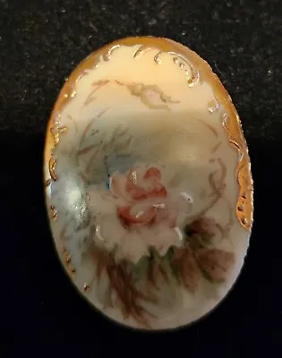 Vintage-antique Porcelain Guilded Hand Painted Pink Flower Brooche Pin Signed • $19.99