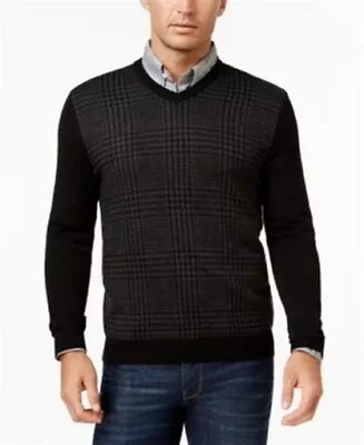 Club Room Black Mens Size Xl Gray And Black Houndstooth V-neck Wool Sweater • $5.20
