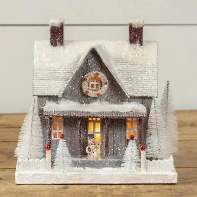 $74.99 • Buy Snowy Grey Farmhouse Christmas Village House With Snowman On Porch