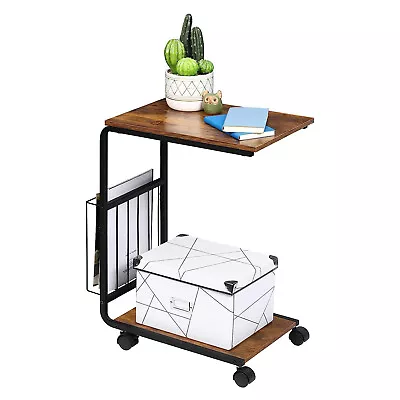 C Shaped Small Narrow End Side Table Snack Accent Table W/Wheels For Living Room • $29.98