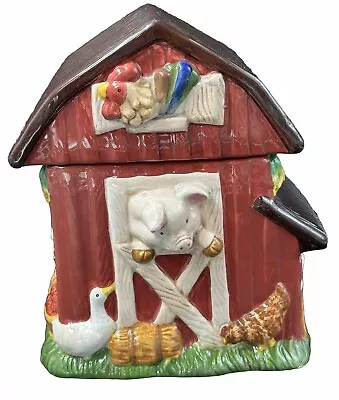Red Country Barn Ceramic Cookie Jar With Farm Animals 10.25 Inches Tall • $24.95
