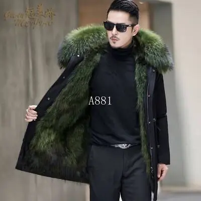 Mens Raccoon Fur Lined Mid Long Coat Fox Fur Collar Hooded Warm Outwear Parka Sz • $273.51