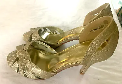 Michaelangelo Size 8M Gold Glitter Twilight Peep Toe Cut Out High Heels • $6.50