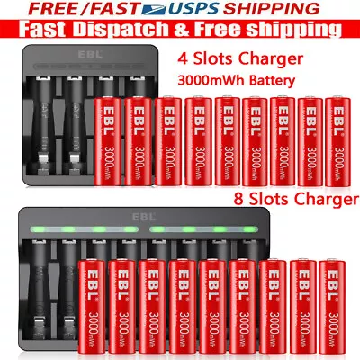 EBL AA Rechargeable Lithium Li-ion Batteries 3000mWh 1.5V  / Battery Charger Lot • $10.89