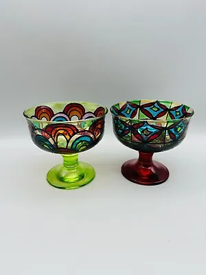 Pair Hand Painted Glass Tea Light Candle Holder Dishes Boho • £13.50