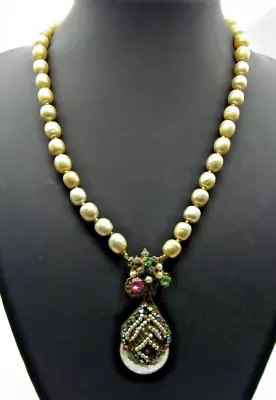 1950's Miriam Haskell  Baroque Pearl &Teardrop Necklace Pendant W/ Rhinestones • $99.99