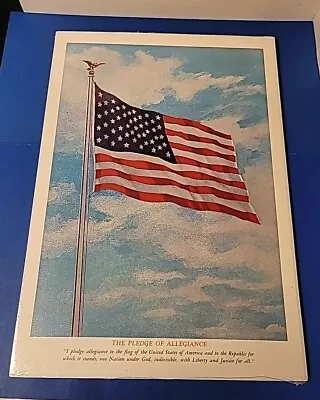 Vtg Mid Cent PLEDGE OF ALLEGIANCE American Flag On Pole Lithograph Classroom #1 • $19.99