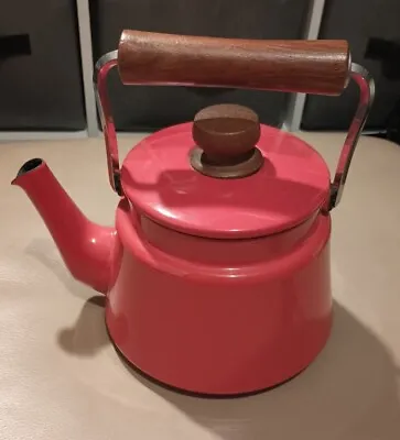 Vintage MCM Dansk Kobenstyle Red Enamel Steel Wood Handle Teapot Kettle • $69.99