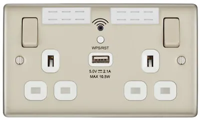 BG Double Socket Wall Plug With Wifi Extender | USB Port | Pearl Nickel Metal • £14.99