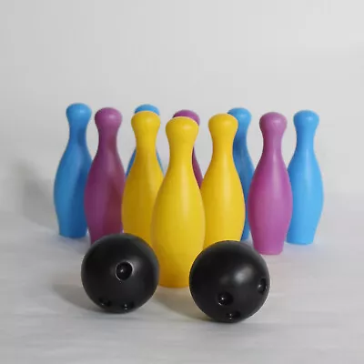 Children's Plastic Bowling Game 2 Black Balls With 10 Purple Yellow Blue Pins • $17.10