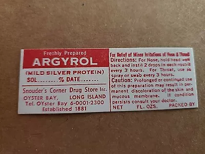 Argyrol Gummed Medicine Bottle Label (snouders Corner Drug Store) • $1