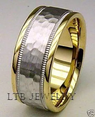 Mens 14k Two Tone Gold Wedding Bands8mm Hammered Finish Gold Mens Wedding Rings • $1050