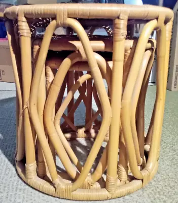 Vintage 20th Century Coastal Bent Bamboo Wicker And Rattan ROUND Nesting Tables • $225