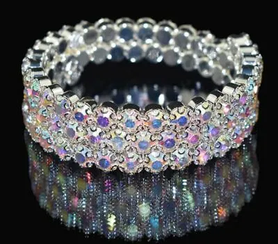 Wide Crystal AB Aurora Borealis Rhinestone Bracelet 3 Row Stretch Chunky Silver • $21.99