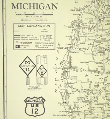 Vintage MICHIGAN Map Highway Junior Auto Trails Wall Art Decor Road Original • $29.95