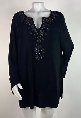 Vikki Vi Size 1X Black Stretchy Tunic Blouse Beaded Sequins Evening • $34.99