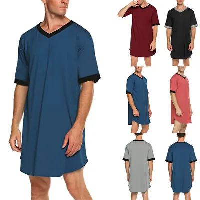 Men Pyjama Gown Nightshirt V-Neck Tunic Nightwear Sleepwear Kaftan Bathrobes Top • £11.42