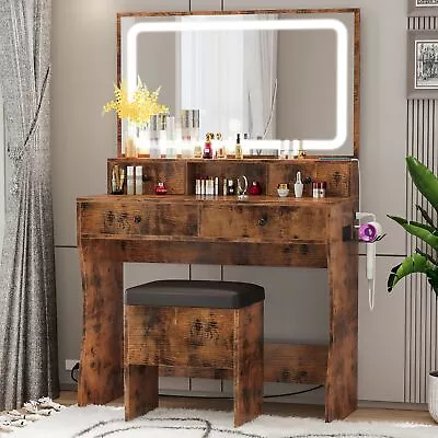 Vanity Desk With LED Lighted Mirror & Power Outlet & 4 Drawers Dressing Make... • $272.19