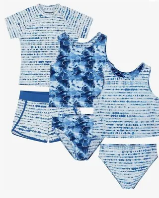 Eddie Bauer Girl's 4-piece Swim Suit Set Reversible Size L (14-16) Blue/White • $18