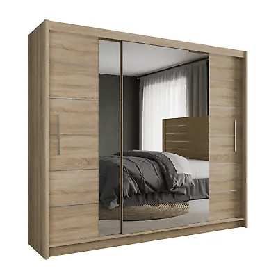 Mirror Sliding Door Wardrobe Modern Bedroom DAKO 5 White/ Oak Sonoma -  2 Sizes • £519.99