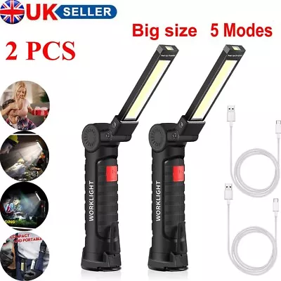 2 Large LED Work Light COB Inspection Lamp Magnetic Torch USB Rechargeable Car ~ • £10.99