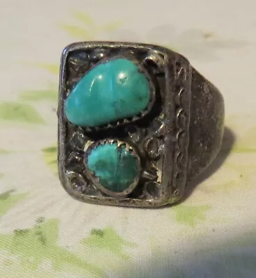 LARGE MEN'S OLD PAWN NAVAJO STERLING SILVER & TURQUOISE HEAVY RING SZ 13.5 20.5g • $22.50