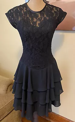 VTG Late Edition Cap Sleeve Lace Layered Ruffle Mini Dress Black 6 Drop Waist S • $25