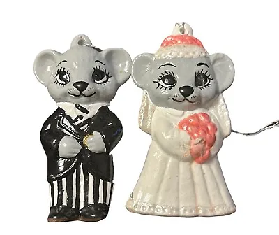 Vintage Christmas Mice Ornaments Bride Groom Wedding Hand Painted Ceramic 1989 • $19.99