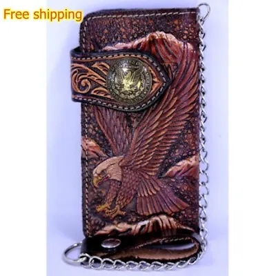 Men's Wallet Genuine Leather Vintage Style Free Braided Chain Biker Rocker • $61