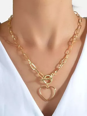 Punk Chunky Chain Love Heart Pendant Lariat Necklace Women Girls Teens Jewellery • $2.98