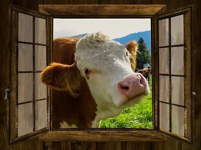 Window 3d Effect Cow Animal Scene Canvas Picture Poster Print Unframed D48 • £17.78