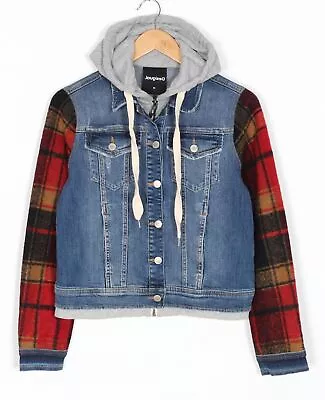 DESIGUAL Denim Jacket With Plaid Sleeves Women Size M MJ4564 • $95.37