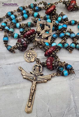 Holy Spirit Holy Trinity Blue Opal Red Jasper Vintage Bronze Rosary • $159