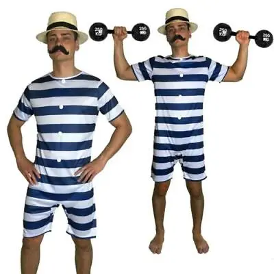 20s Bathing Suit Costume Mens Old Time Victorian Beach Swimsuit Fancy Dress Hat • £17.99