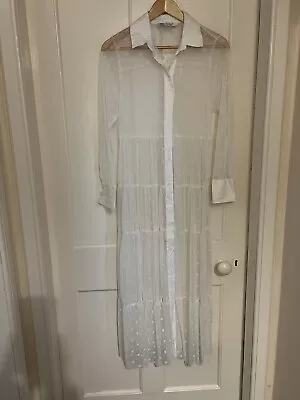 ZARA White Polka Dot Mesh Cover Up Maxi Dress Kaftan Size S/8 New Without Tags • £20