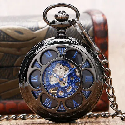 Classical Black Dial Blue Roman Numerals Mechanical Pocket Watch Pendant Chain • $15.97