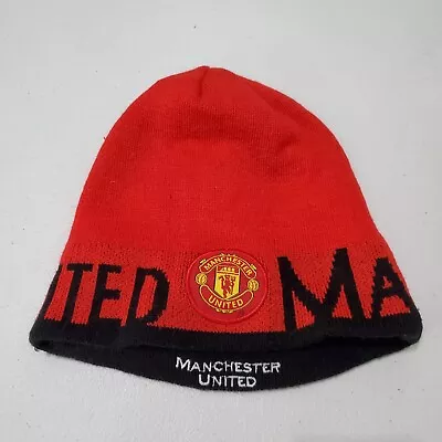 Manchester United Men Hat OS Red Knit Beanie Logo Spellout Black • $15.91