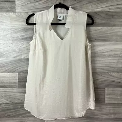 Cabi Womens Blouse Beige Sleeveless V Neck Round Hem Ribbed Collar S • $10.94