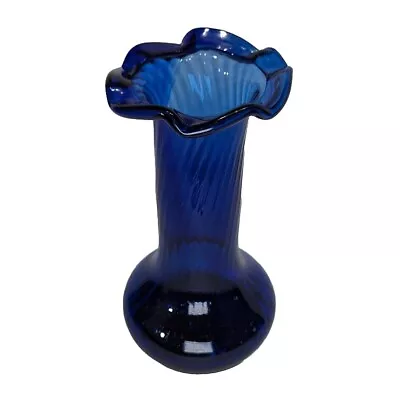 Vintage Hand Blown Cobalt Blue Glass Hyacinth Vase Rose Ribbon Rim Dancing Lines • $62.99