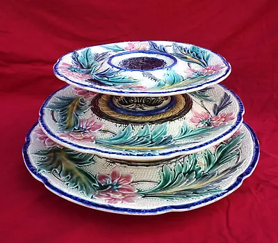 WASMUEL Majolica 3 Tiered Oyster Server Platter Centerpiece Rare Belgium 19th C • $950