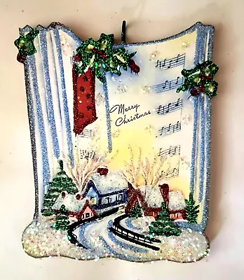 SNOWY VILLAGE In MUSIC PAGES  MERRY  *   Glitter CHRISTMAS ORNAMENT  * Vtg Img • $10.50