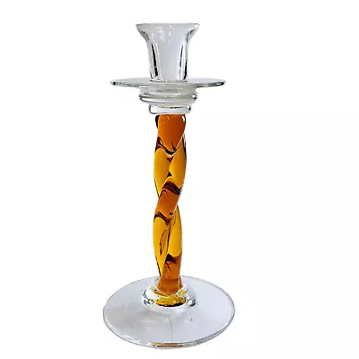 Vintage Amber Twisted Pattern Glass Candlestick Handblown Topaz Italy Venetian • $36