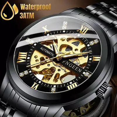 £21.59 • Buy Luxury Men's Stainless Steel Gold Tone Skeleton Automatic Mechanical Wrist Watch
