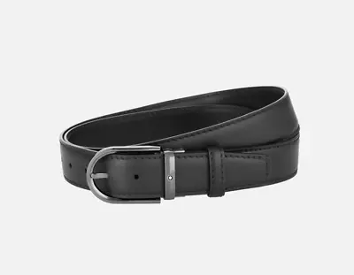 MONTBLANC 128770 Horseshoe Shiny Ruthenium Buckle Black 35mm Leather Belt NEW • $390