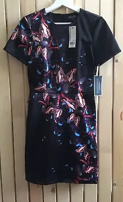 BNWT Ladies WAREHOUSE Black Butterfly Print Satin Shift Dress Size 8 6 Party • £12.99