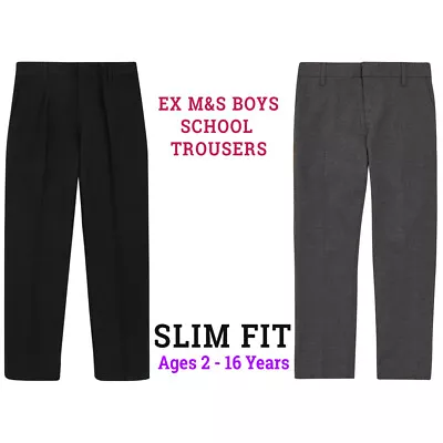 Ex M&S Boys School Trousers Slim Fit Black Grey Adjustable Waist Age 4 - 14 Year • £9.99