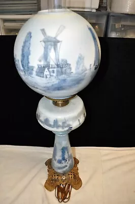 Antique Kerosene Banquet Lamp Old Delft Hand Painted With Matching Shade  C.1900 • $998.99