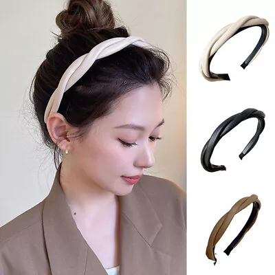 Women Pu Leather Headband Girl Wide-brimmed Solid Color Vintage Cross Hair Hoop • $2.39