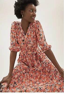 M&S  Ditsy Orange Floral  Dress UK 14 Regular **BNWT** • £22