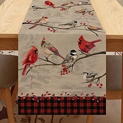 Vintage Bird Branch Table Runner Winter Cardinal Chickadee Berry Scarf Home ... • $21.51